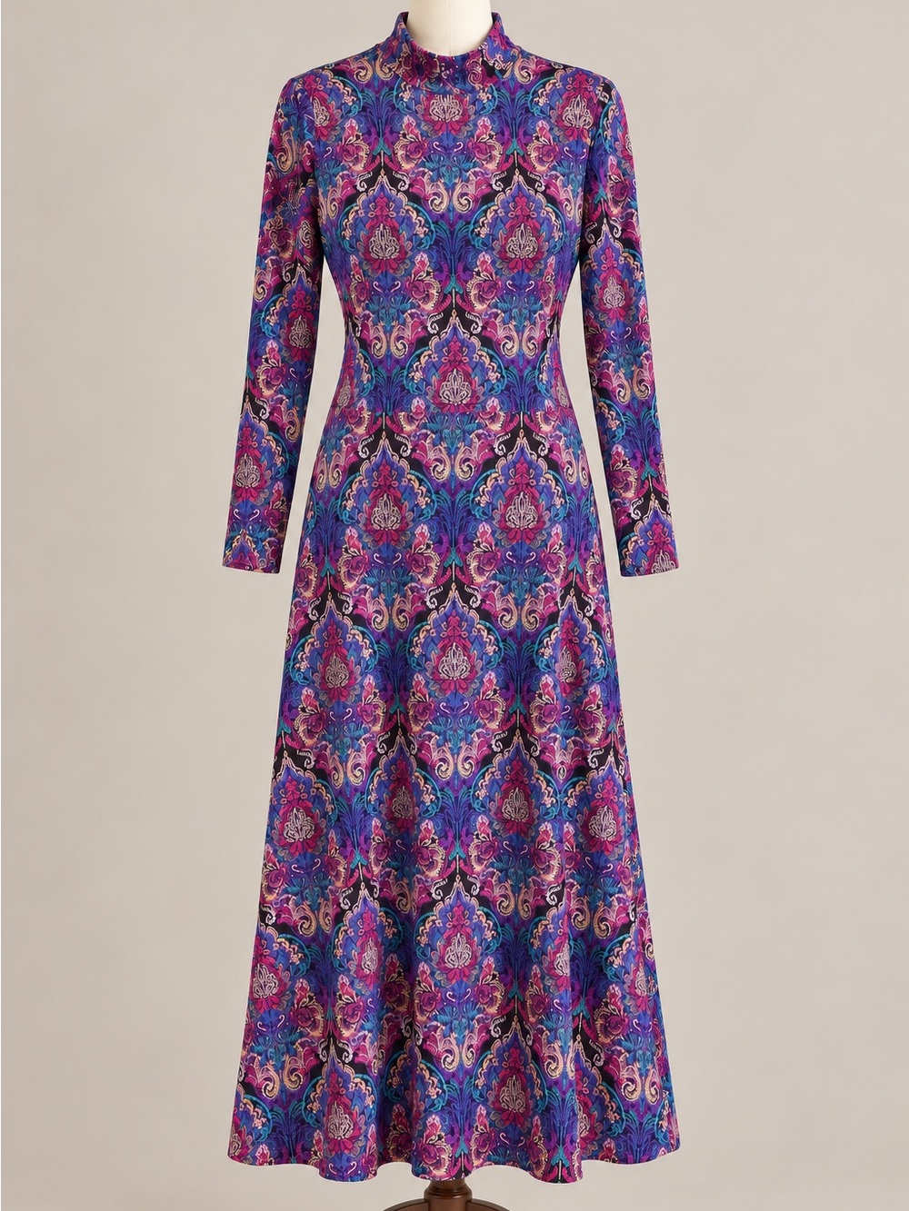 Norm Thompson Paisley Damask Maxi Dress Mock Neck Cotton Stretch M